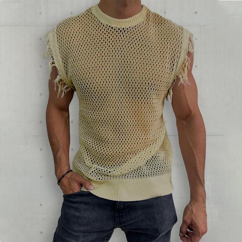 Men's Casual Solid Color Knitted Round Neck Sleeveless Hollow Tank Top 40348544Y