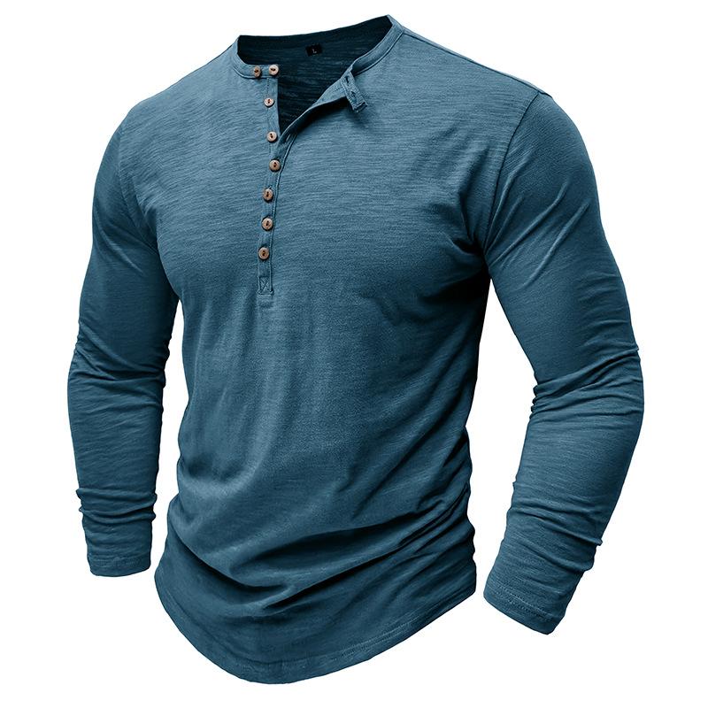 T-shirt da uomo tinta unita a maniche lunghe con colletto Henley in cotone slub 26528737X