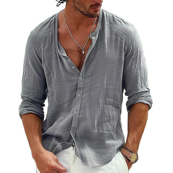 Men's Casual Cotton Linen Stand Collar Single Breasted Long-Sleeved Shirt 65382678M