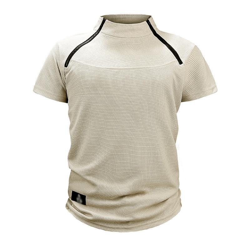 Men's Waffle Outdoor Tactical Loose Stand Collar Short-sleeved T-shirt 22280011X