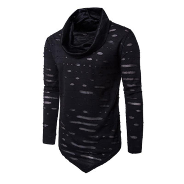 Men's Solid Color Pile Collar Ripped Casual Long-sleeved T-shirt 34998677X