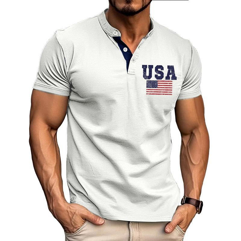 Men's American Flag Print Short Sleeve Button T-Shirt 65699171X
