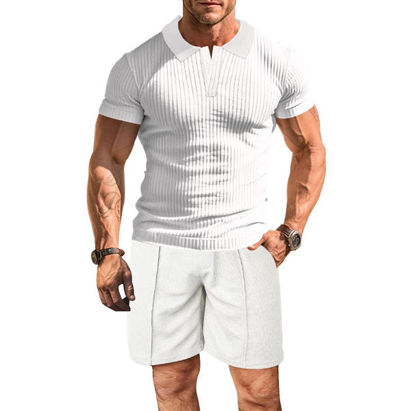 Men's Casual Solid Color Lapel Short-Sleeved T-Shirt Sports Shorts Set 66357969M