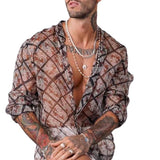 Men's Lapel Long Sleeve Print Transparent Shirt 09427485Z