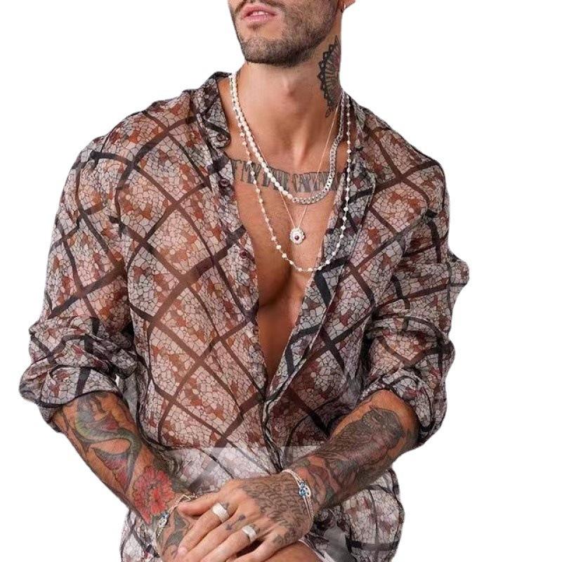 Men's Lapel Long Sleeve Print Transparent Shirt 09427485Z