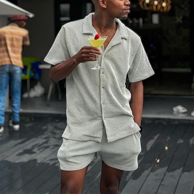 Men's Casual Striped Short Sleeve Shirt Shorts Set 52693599Y