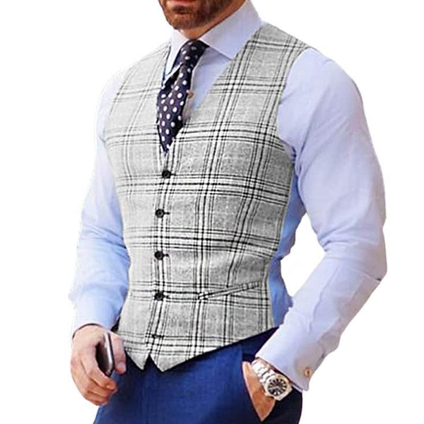 Men's Vintage Check Single Breasted V Neck Suit Vest 76608733Y