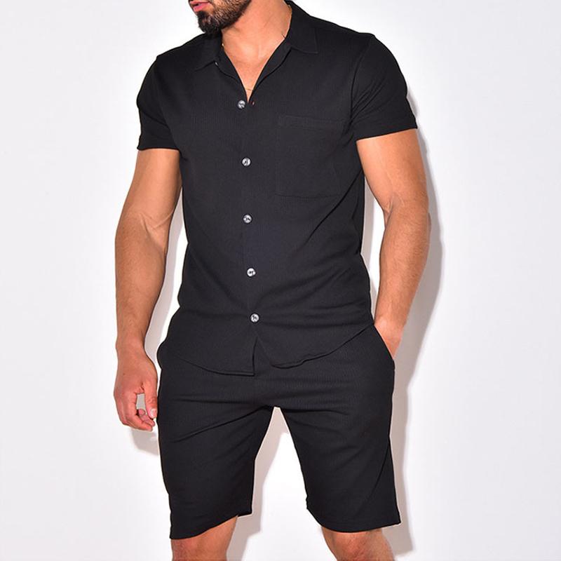 Men's Casual Cotton Blend Comfort Lapel Short Sleeve Shirt Loose Shorts Set 85900571M