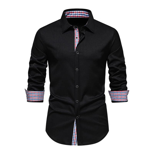 Men's Fashion Color Block Slim Fit Casual Lapel Long Sleeve Shirt 14073129M