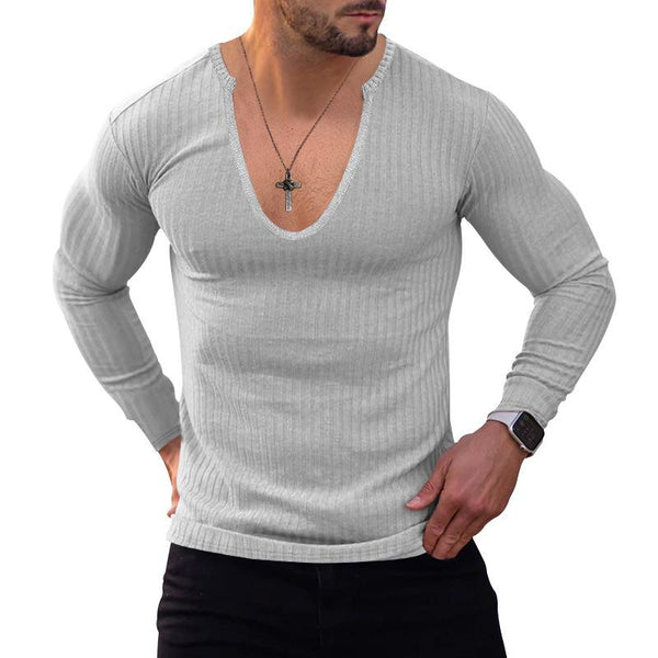 Men's Casual Deep V Neck Solid Color Knit Long Sleeve T-Shirt 86193765Y