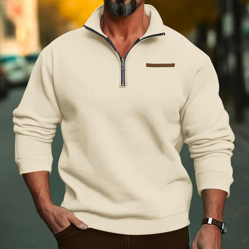 Men's Solid Plush Zipper Stand Collar Long Sleeve Sweatshirt 19760168Z