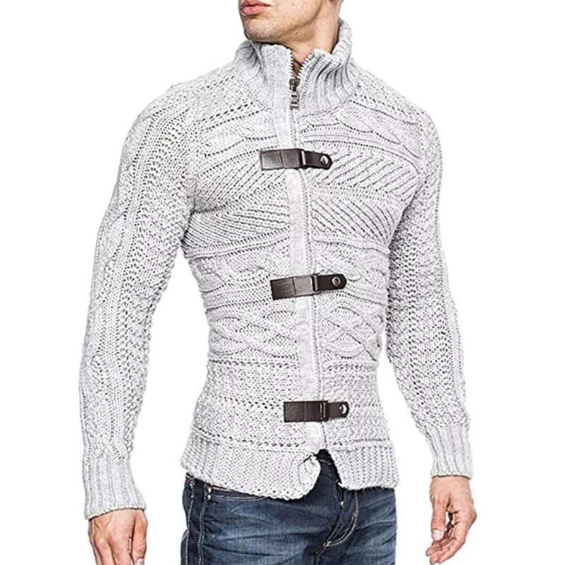 Men's Casual Stand Collar Zipper Cable Knitted Slim Cardigan 14927579M