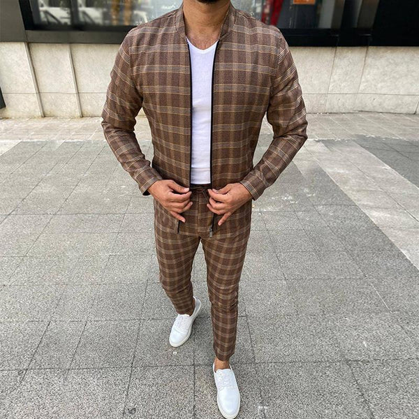 Men's Retro Casual Plaid Print Zipper Two-Piece Set 36851779TO