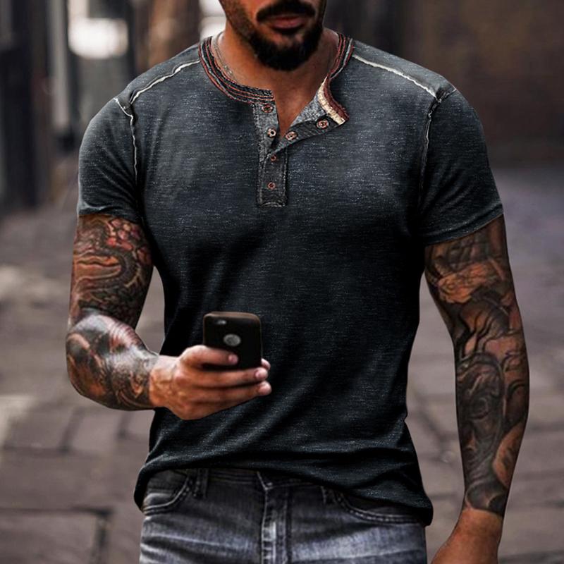 T-shirt da uomo con stampa vintage a maniche corte e collo Henley 92715536X