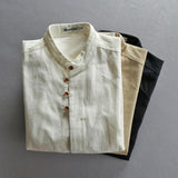 Men's Cotton and Linen Vintage Stand Collar Shirt 77017951U