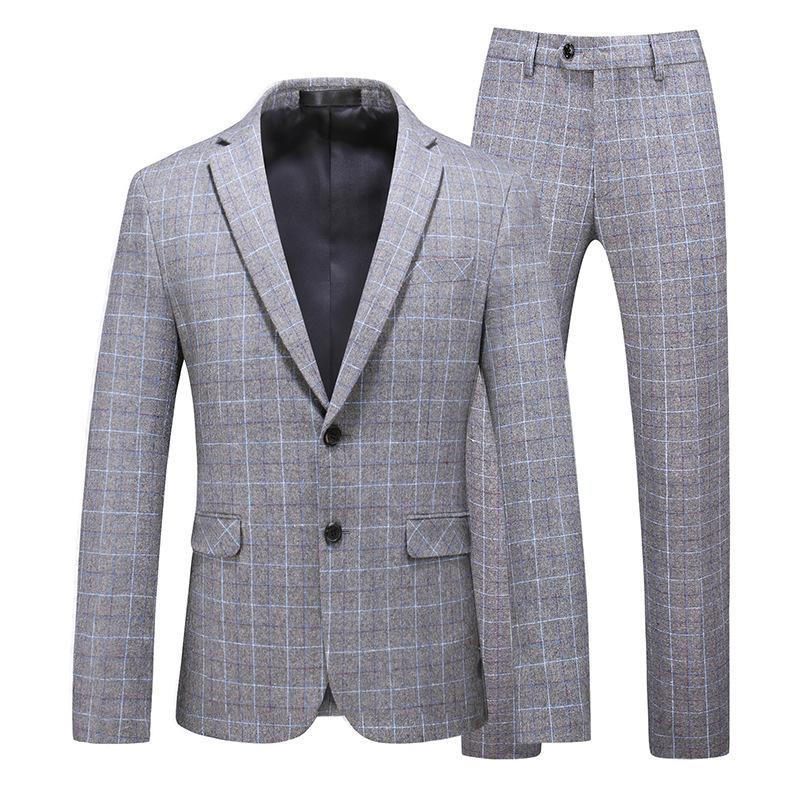 Men's Business Casual Plaid Woolen Blazer And Trouser Set 11907531Y