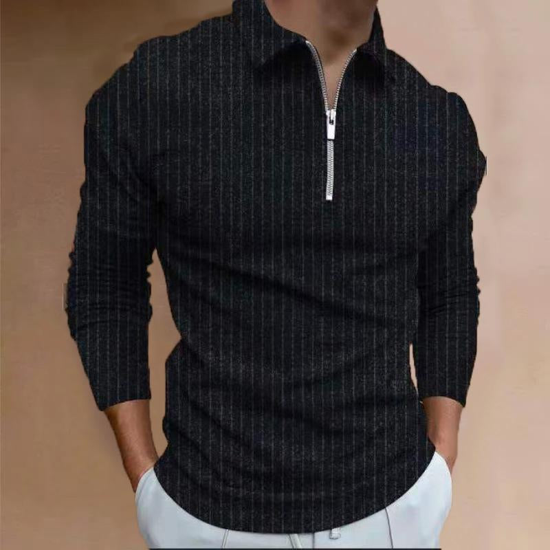 Men's Casual Solid Color Zipper Lapel Long Sleeve POLO Shirt 58865860Y