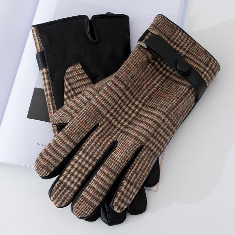 Men's Plaid Plush Warm Touch Screen PU Leather Gloves 34284838U