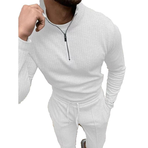 Men's Solid Color Zipper Long Sleeve Elastic Waist Trousers Two-Piece Set 32139259X