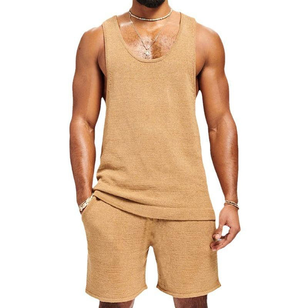 Men's Casual U-neck Knitted Tank Top Loose Shorts Set 60861334M