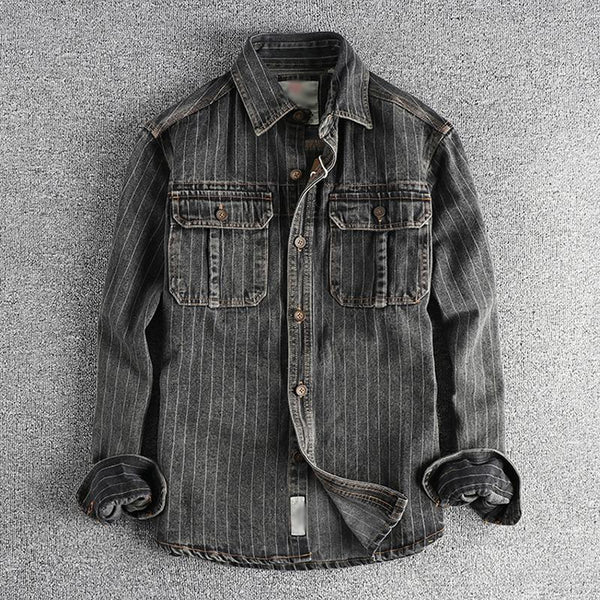 Men's Vintage Washed Striped Flap Pocket Slim Fit Long Sleeve Denim Shirt 32256880M