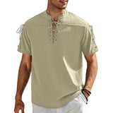 Men's Solid Color Lace-Up V-Neck Short-Sleeved Shirt 40586432Y