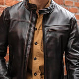 Men's Biker Collar Zip-Up Leather Jacket 51117754X