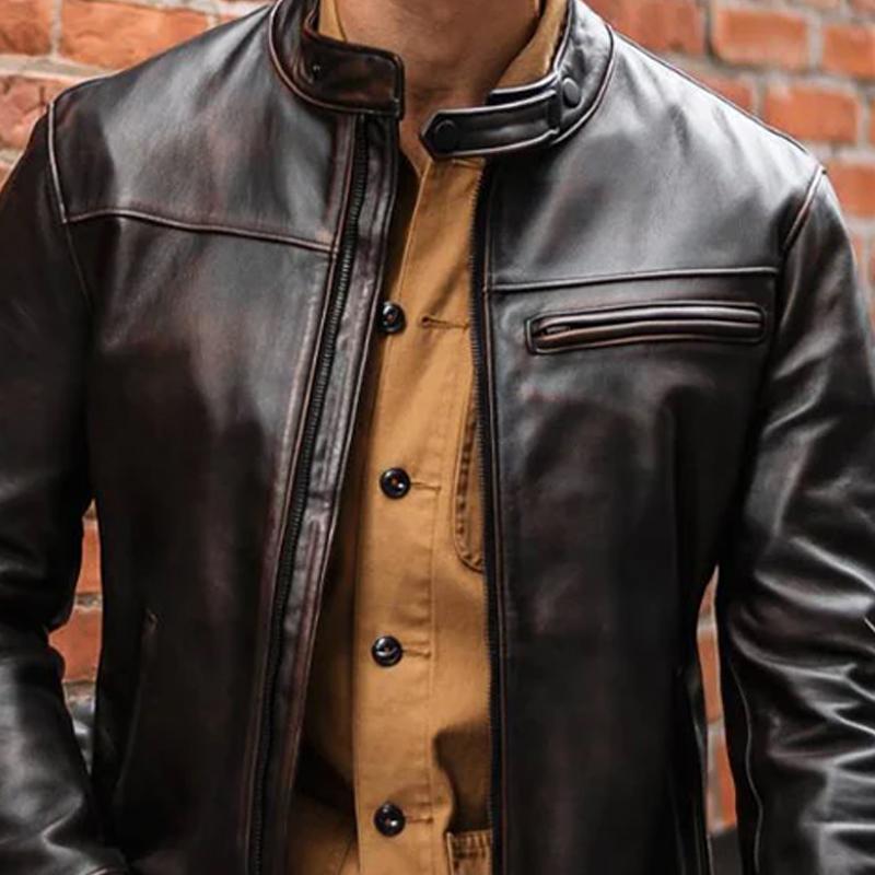 Men's Biker Collar Zip-Up Leather Jacket 51117754X