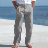 Men's Solid Color Cotton And Linen Buttons Decor Drawstring Waist Casual Pants 58659698Z