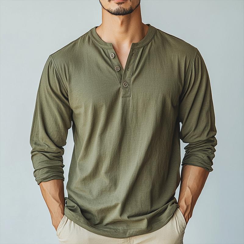 Men's Vintage Casual Solid Color Henley Neck Long Sleeve T-Shirt 92387733TO