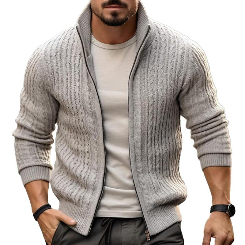 Men's Casual Solid Color Cable Tie Stand Collar Zipper Knitted Cardigan 19857575M