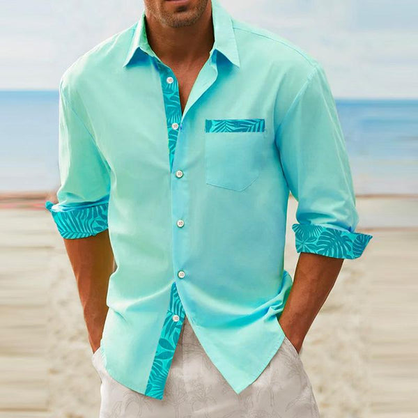 Men's Casual Hawaiian Print Contrasting Color Long Sleeve Lapel Shirt 73178605M