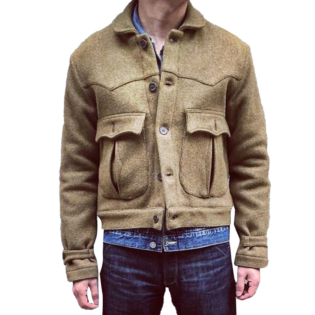 Men's Vintage Solid Color Woolen Large Pocket Lapel Jacket 84258804Y