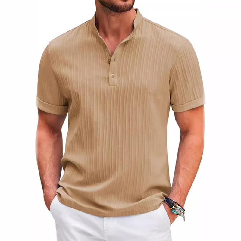 Men's Cotton And Linen Striped Henley Collar Short-Sleeved Shirt 62041492Y