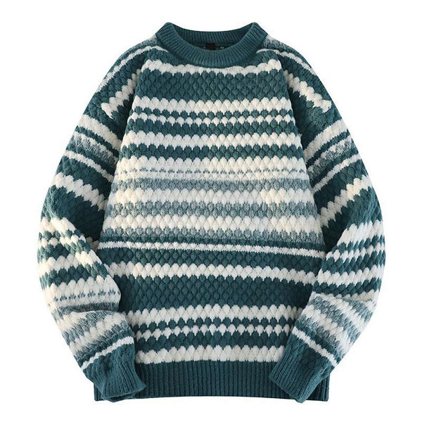Men's Vintage Stripe Colorblock Round Neck Long Sleeve Pullover Sweater 32321174M