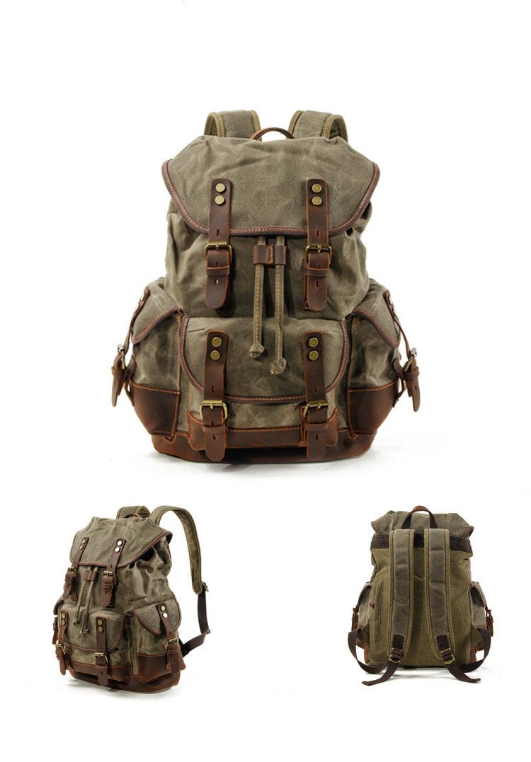 Men's Vintage Outdoor Canvas Stitching Leather Multi-Pocket Backpack 19083234Y