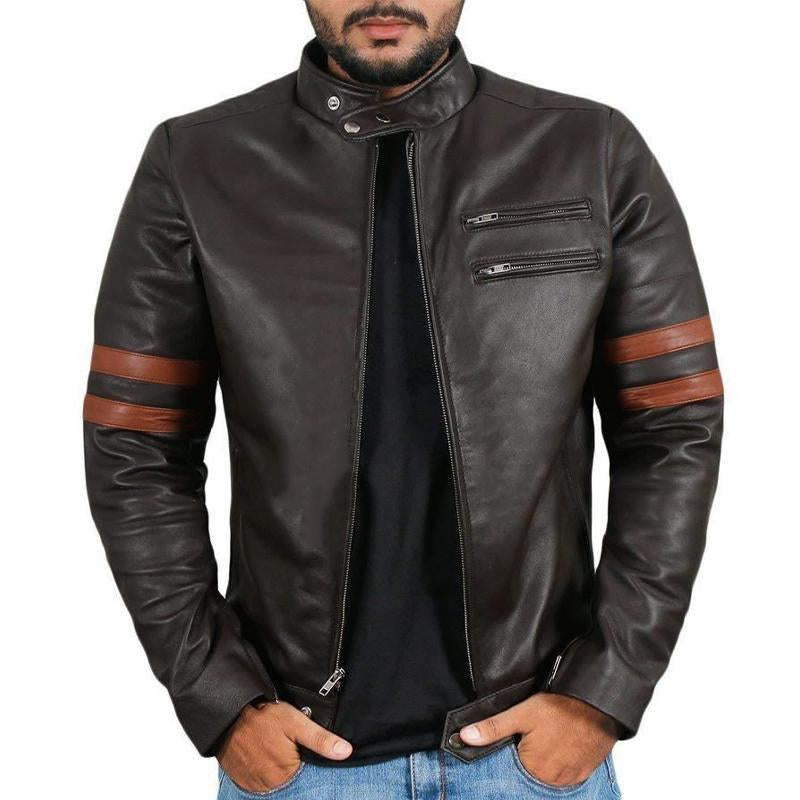 Men's Button Stand Collar Zip-Up Leather Jacket 21539051U