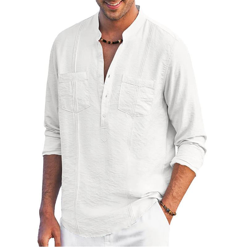 Men's Casual Solid Color Double Breast Pocket Henley Collar Long Sleeve Shirt 48346488Y