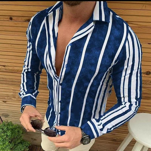 Men's Long Sleeve Lapel Button Striped Shirt 73891942X