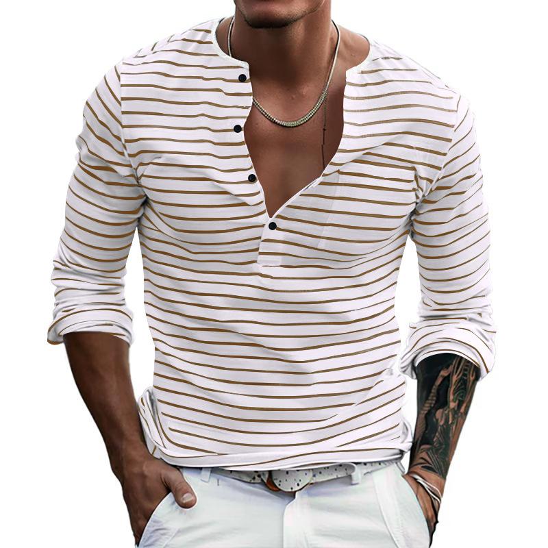 Men's Striped Henley Collar Long Sleeve Casual T-shirt 40512523Z