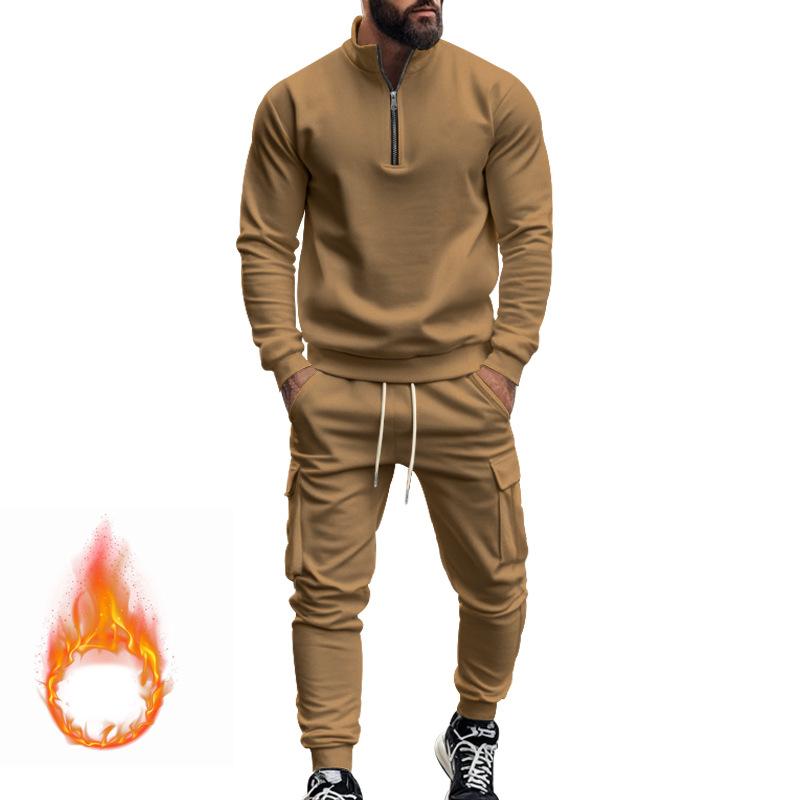 Men's Solid Color Casual Plush Warm Zipper Stand Collar Sweatshirt Sweatpants Set 08038864Y