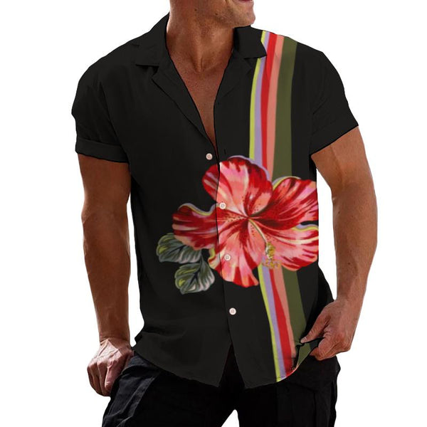 Men's Vintage Striped Large Floral Lapel Short-sleeved Shirt 47457253TO