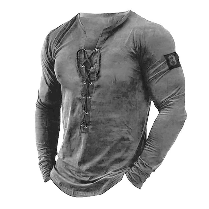 Men's Casual Solid Color Lace-up Collar Long Sleeve Henley T-Shirt 10970904M