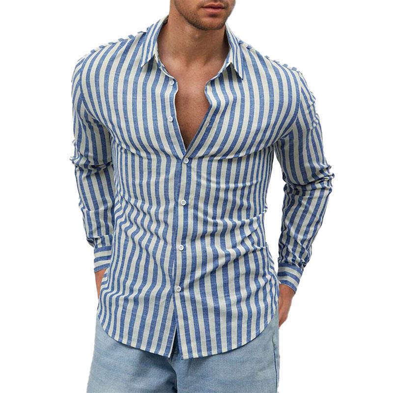 Men's Cotton and Linen Striped Lapel Long-sleeved Shirt 10240981X