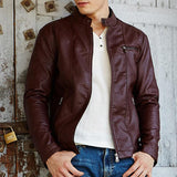 Men'S Vintage Tough Guy Rugged Style Stand Collar Leather Jacket 50816108Y