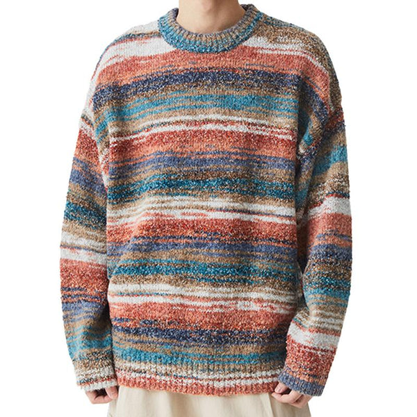 Men's Retro Rainbow Stripe Crew Neck Knitted Sweater 69721873Y