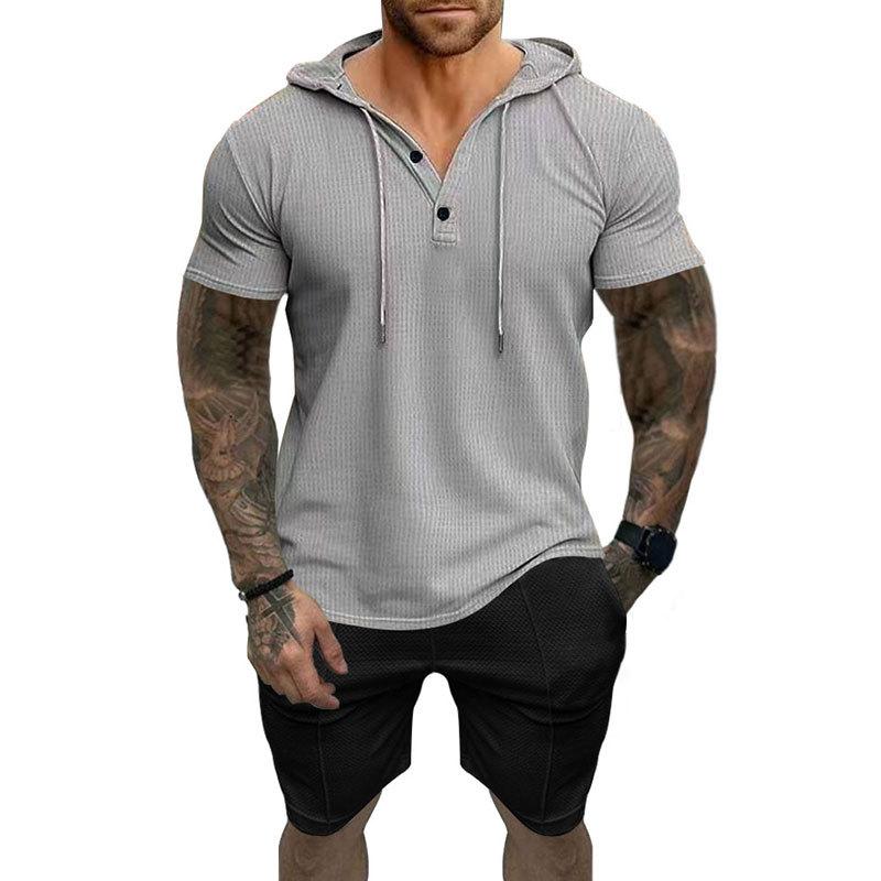 Men's Waffle Hooded Short Sleeve T-Shirt Shorts Set 47432865Y