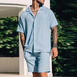 Men's Solid Color Short-sleeved Shorts Casual Two-piece Set 22385268X