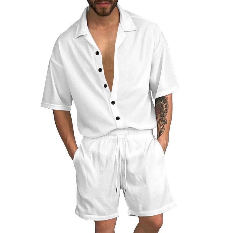 Men's Casual Solid Color Lapel Short Sleeve Shirt Drawstring Shorts Set 92220276Y