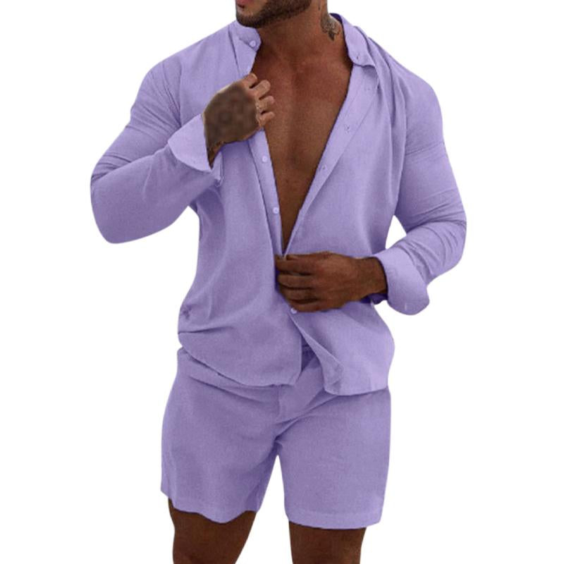 Men's Casual Solid Color Cotton Stand Collar Long Sleeve Shirt Shorts Set 78465155Y